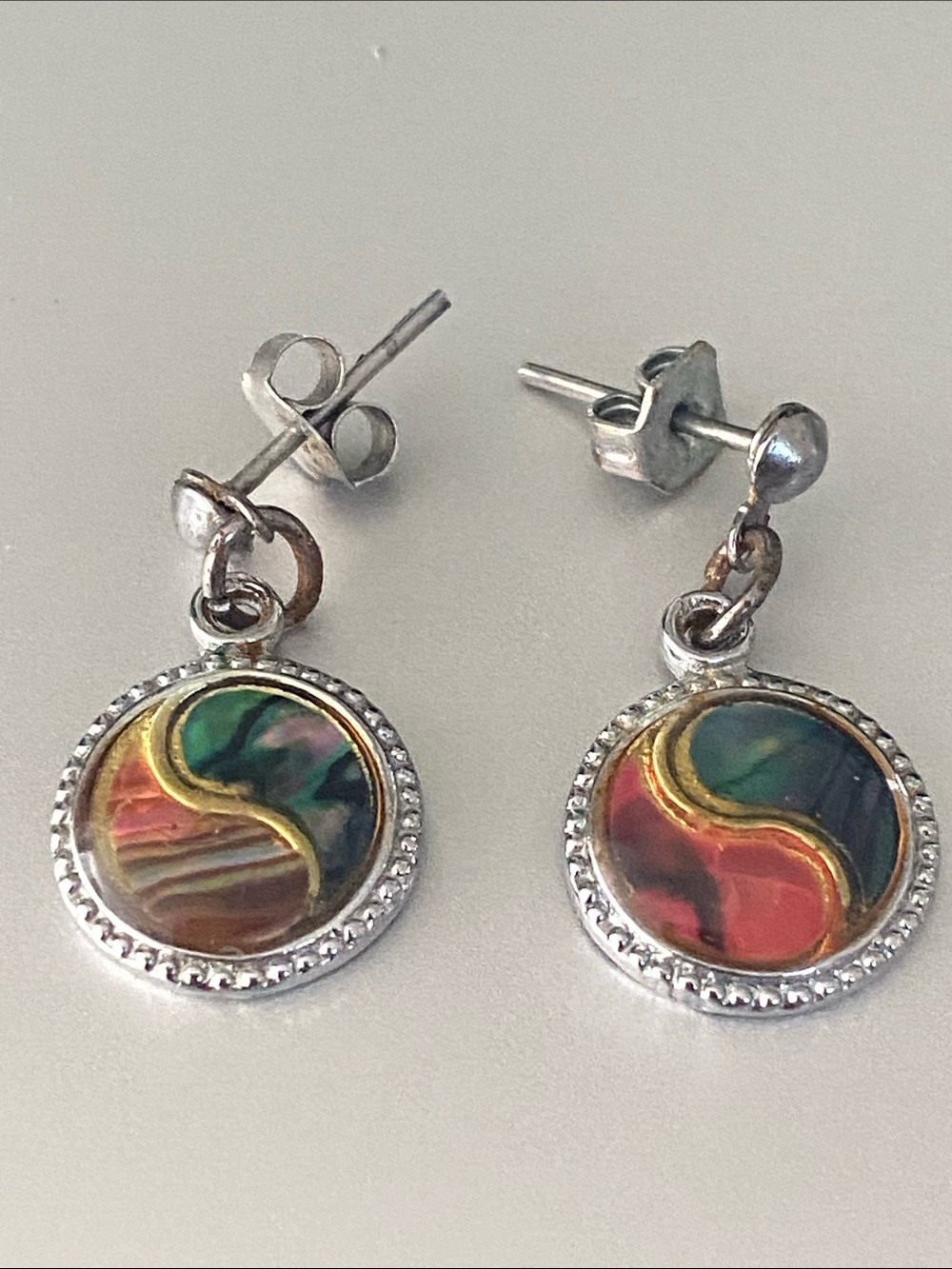 Vintage Colorful Yin Yang Drop pierced Earrings with Gold Accents